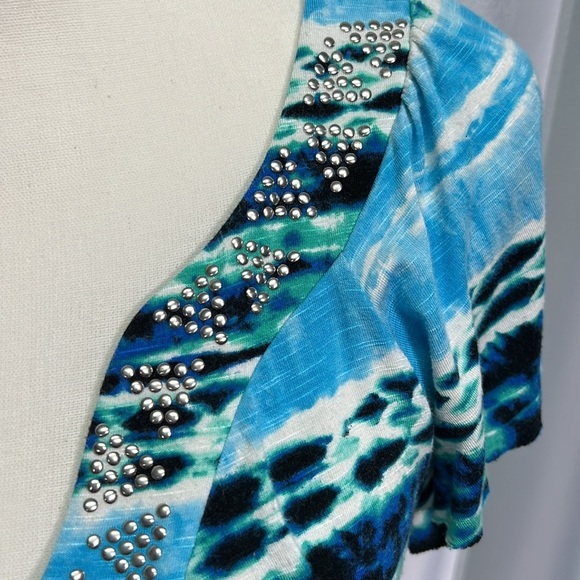 AB Studio Blue, Aqua, Green, Black and White Flutter Sleeve Top - size Small - Picture 5 of 11